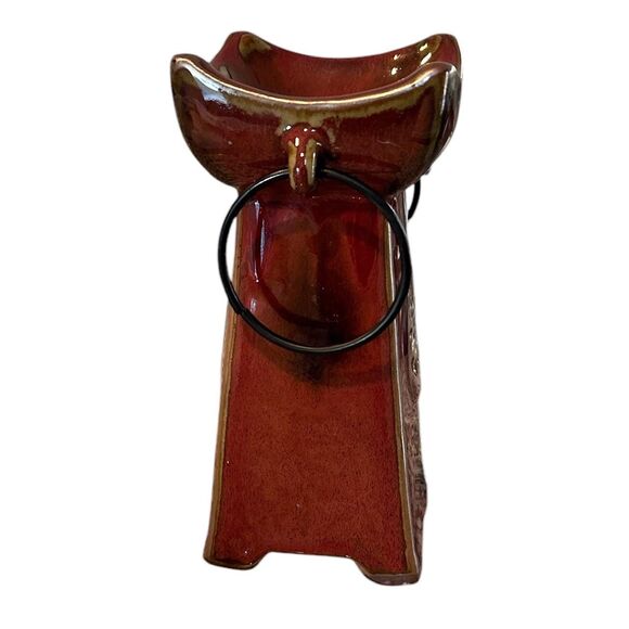 Red Ceramic Asian Themed Candle Holder with Black Metal Rings - Picture 2 of 6